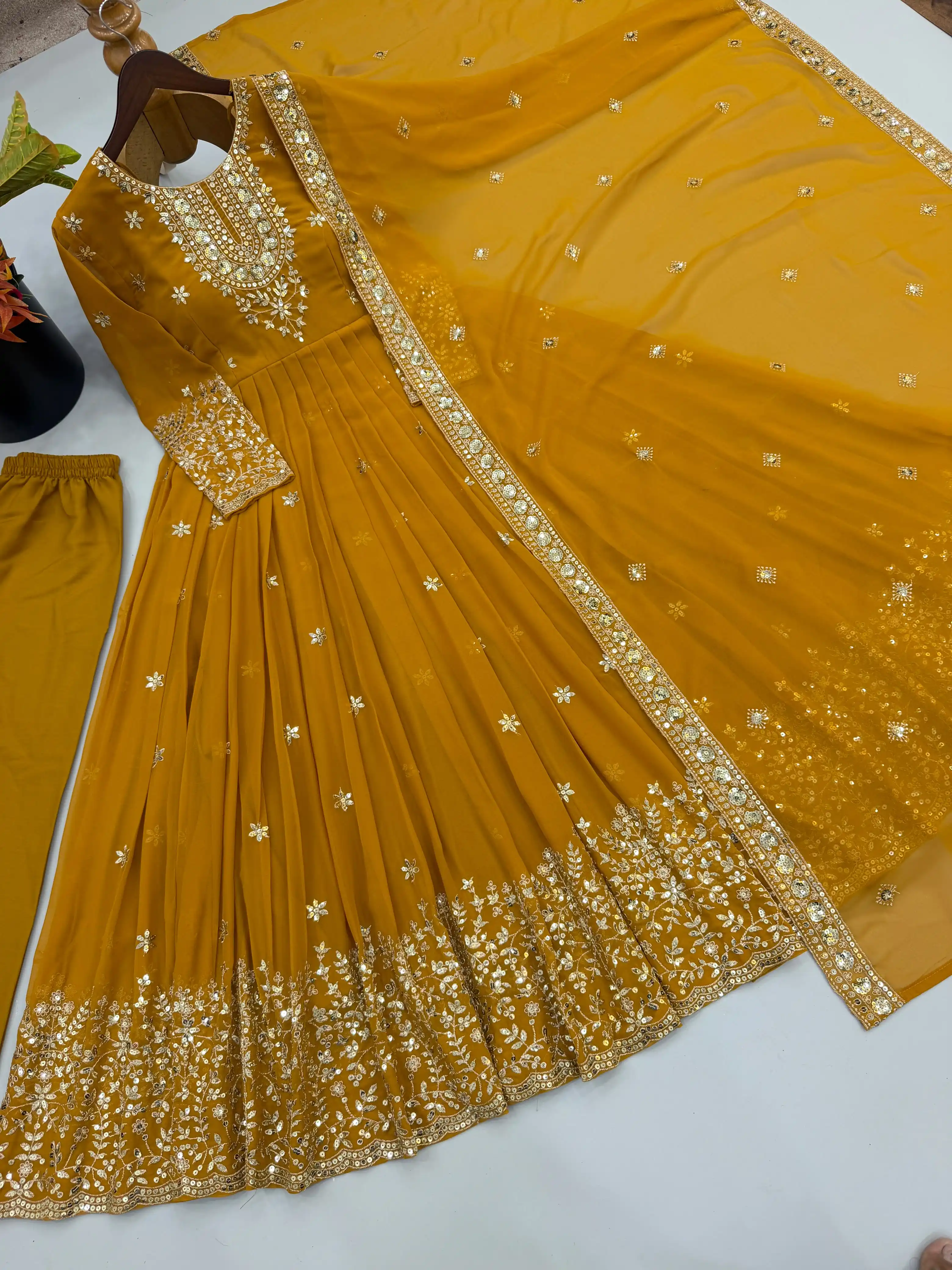 Heavy Georgette Embroidered Sequence Gown with Pant & Dupatta Set