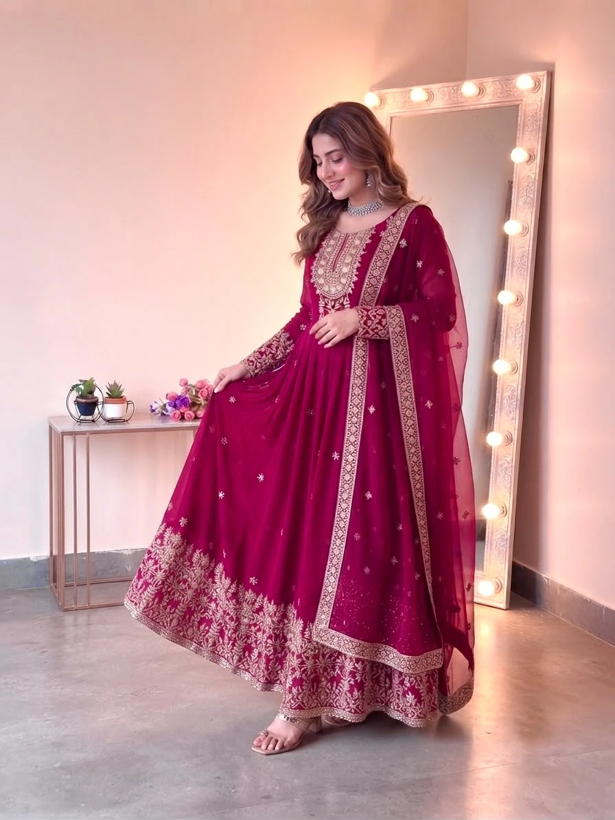 Heavy Georgette Embroidered Sequence Gown with Pant & Dupatta Set