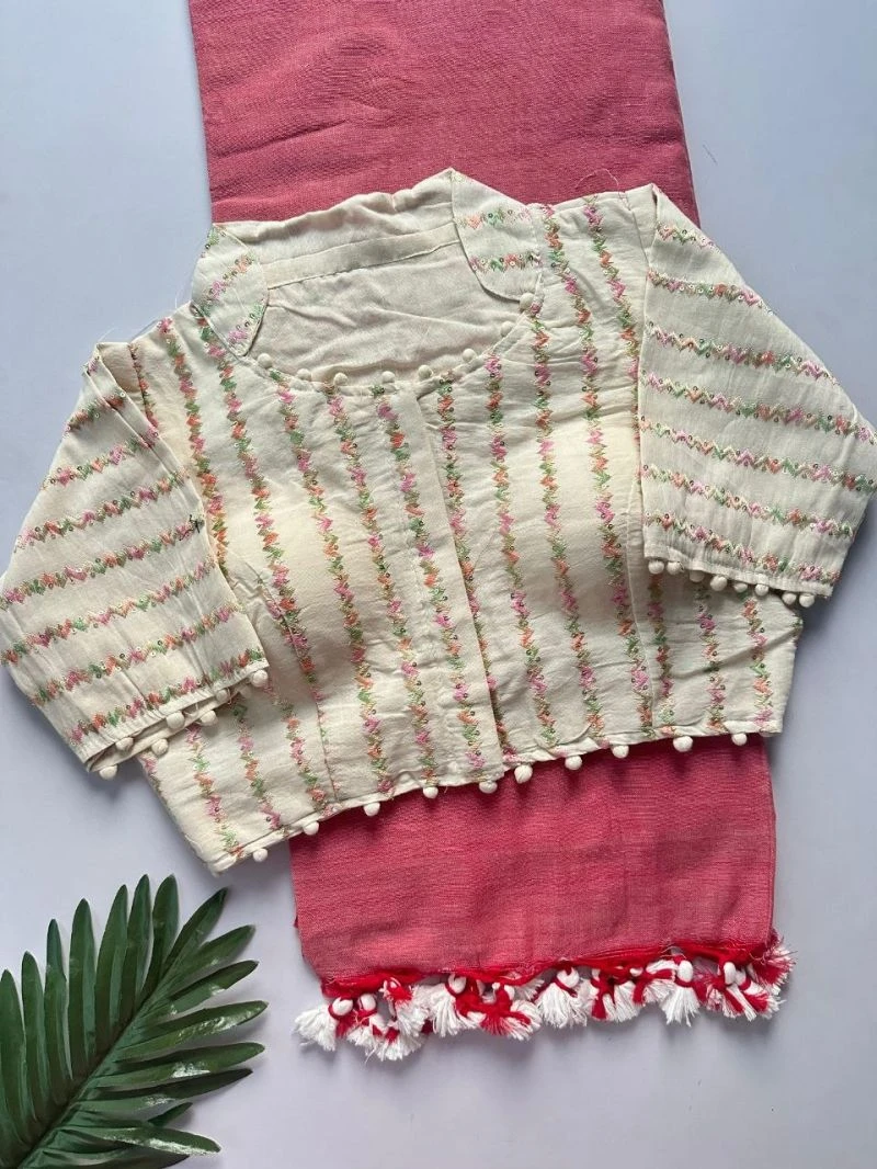 Khadi Vol 29 Khadi Collar Blouse with Cotton Saree
