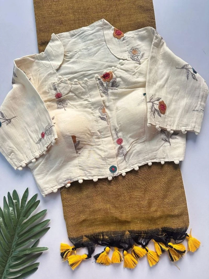 Khadi Vol 29 Khadi Collar Blouse with Cotton Saree