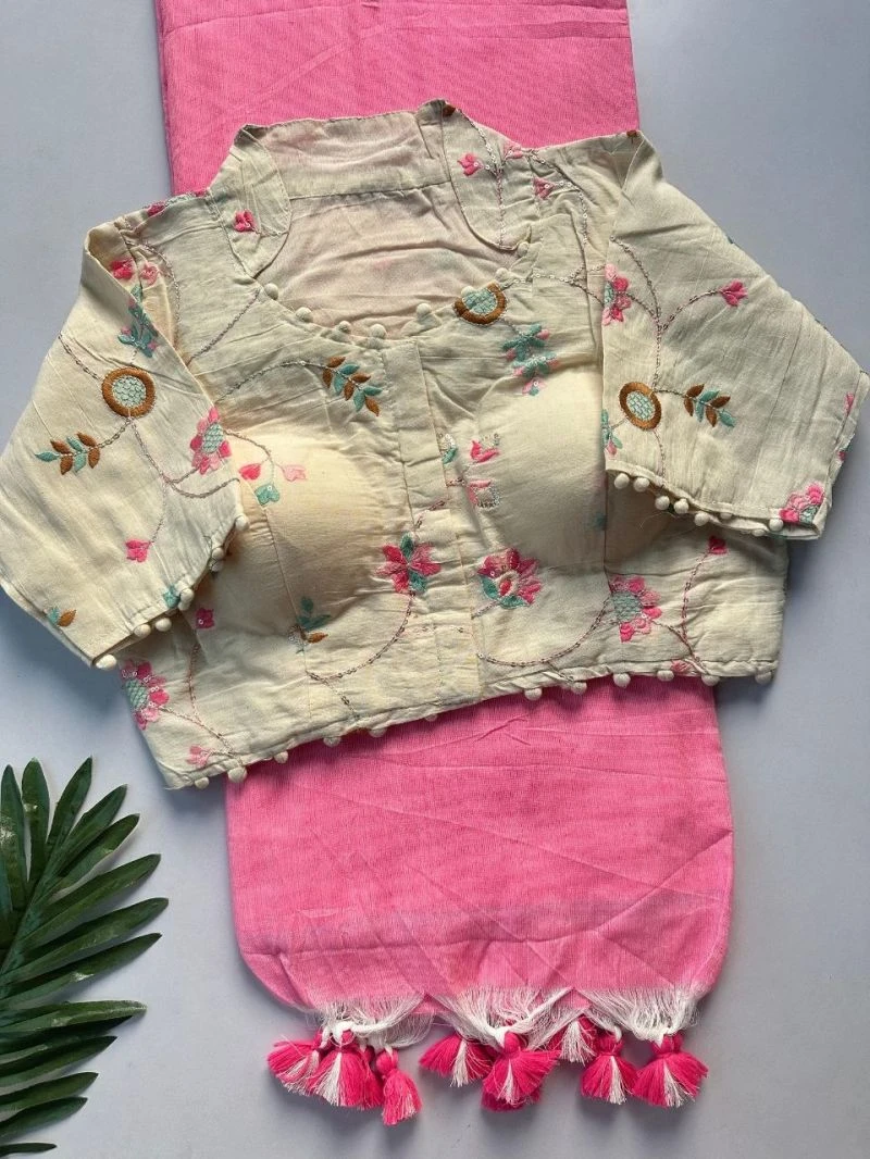 Khadi Vol 29 Khadi Collar Blouse with Cotton Saree