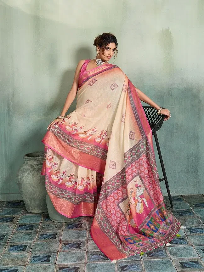 Maahi 239 Linen Printed with Zari Border Saree Collection