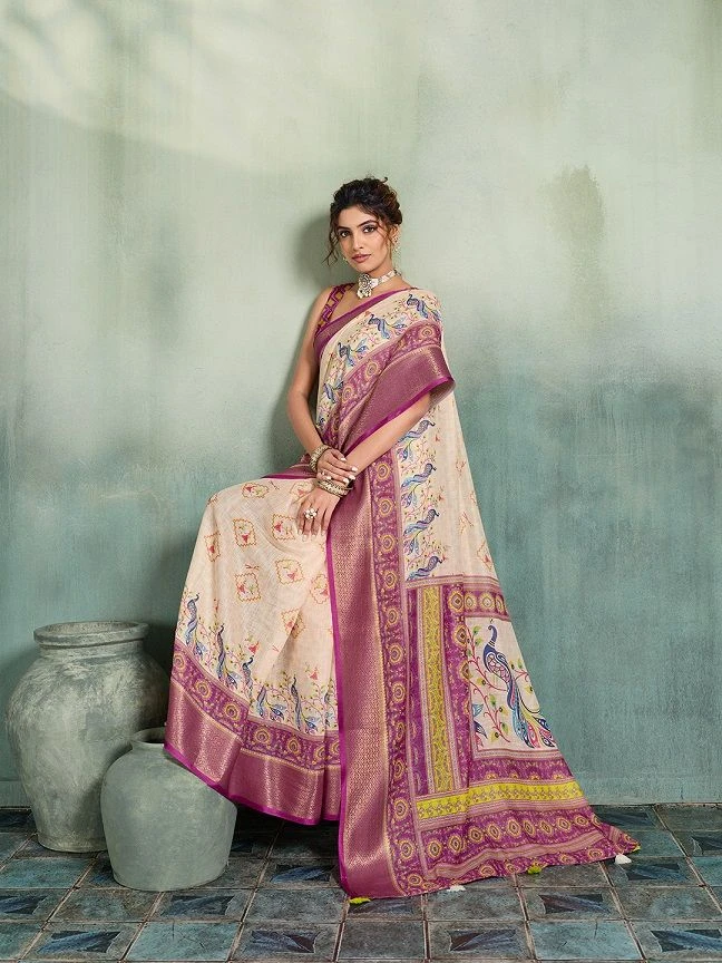 Maahi 239 Linen Printed with Zari Border Saree Collection 3