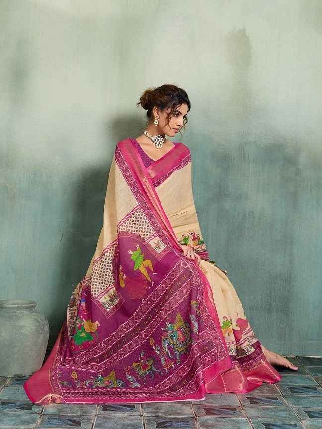 Maahi 239 Linen Printed with Zari Border Saree Collection 5