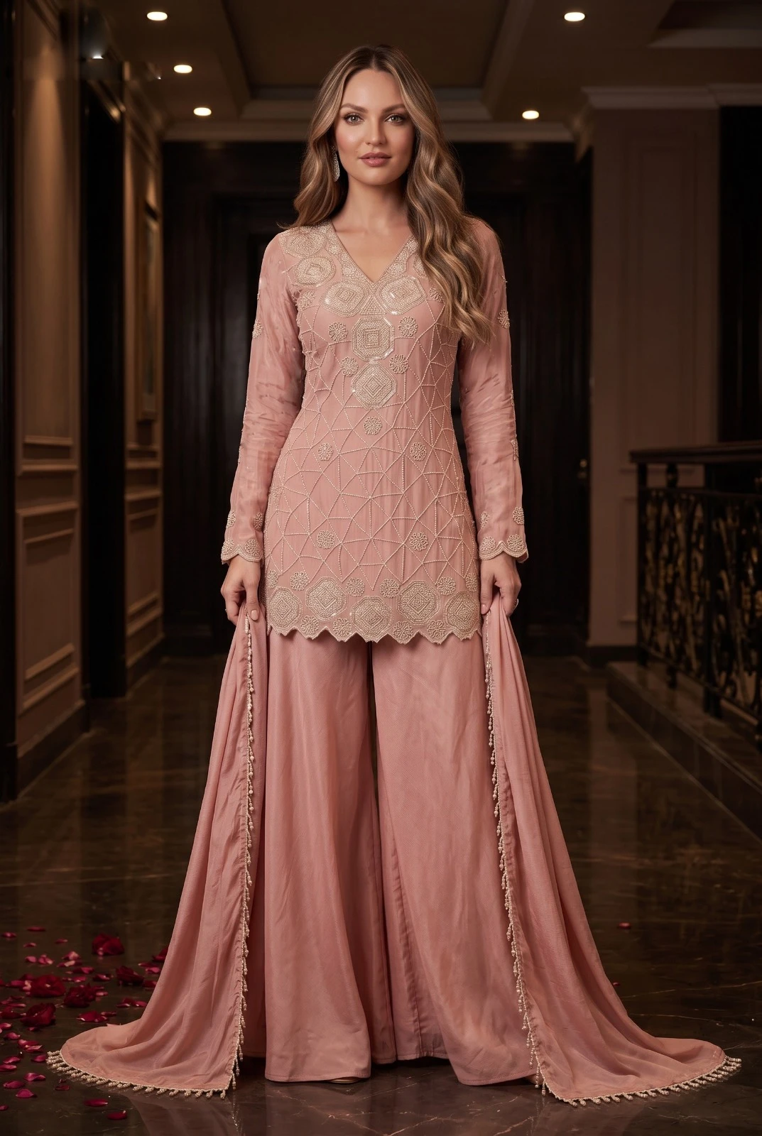 Maleeka Premium Chinon Beads Work Sharara Suit Set