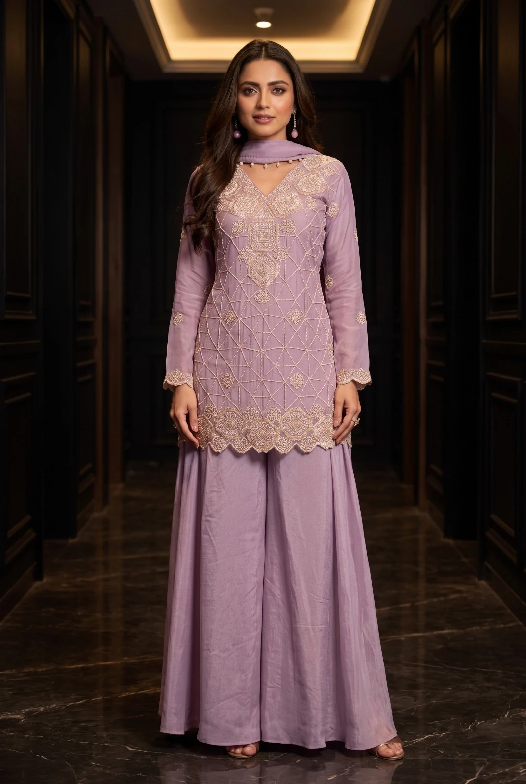 Maleeka Premium Chinon Beads Work Sharara Suit Set
