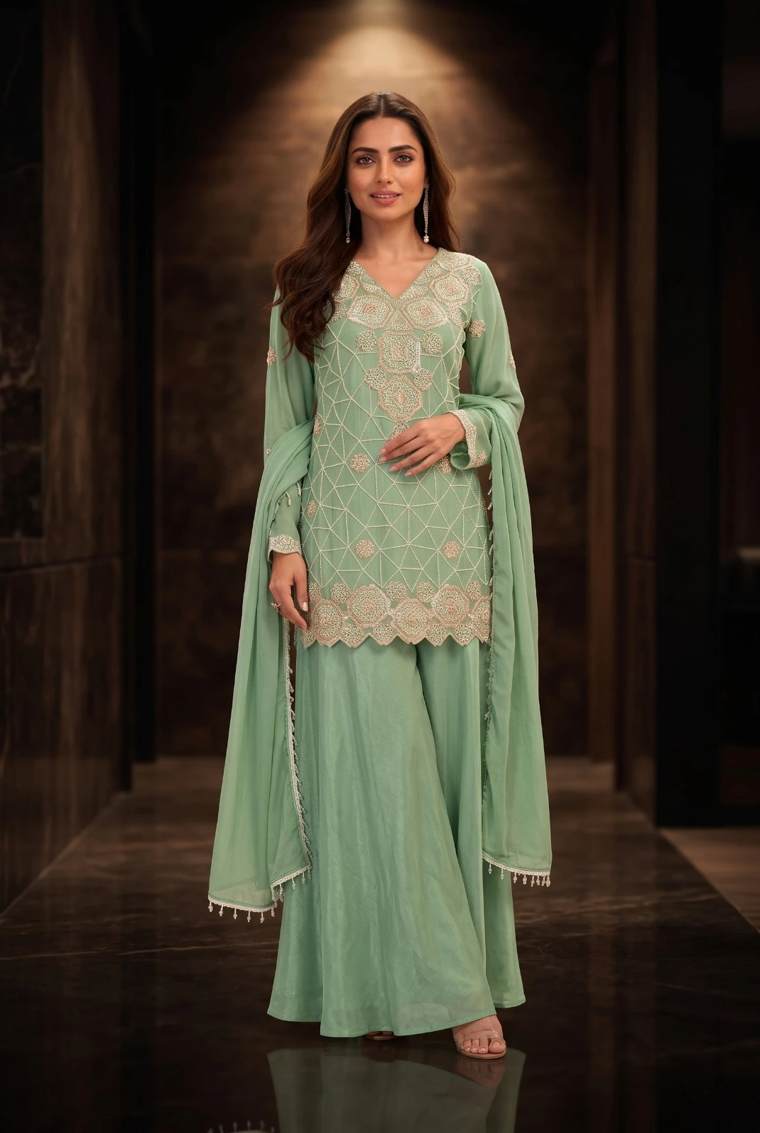 Maleeka Premium Chinon Beads Work Sharara Suit Set