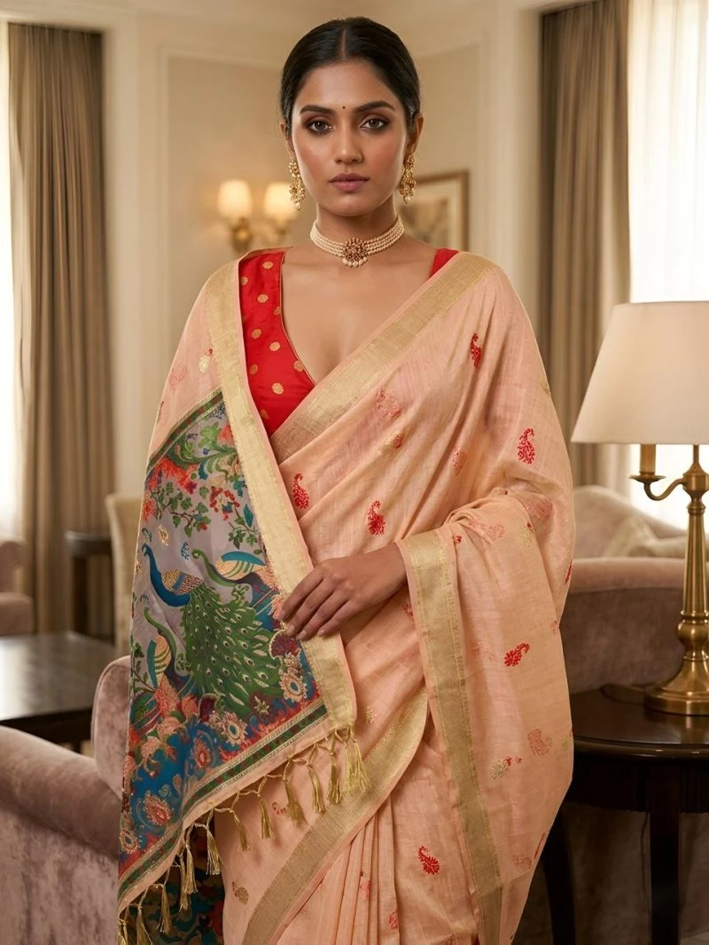 Mv Vis 2 Cream Cotton Jacquard Worked Saree Collection