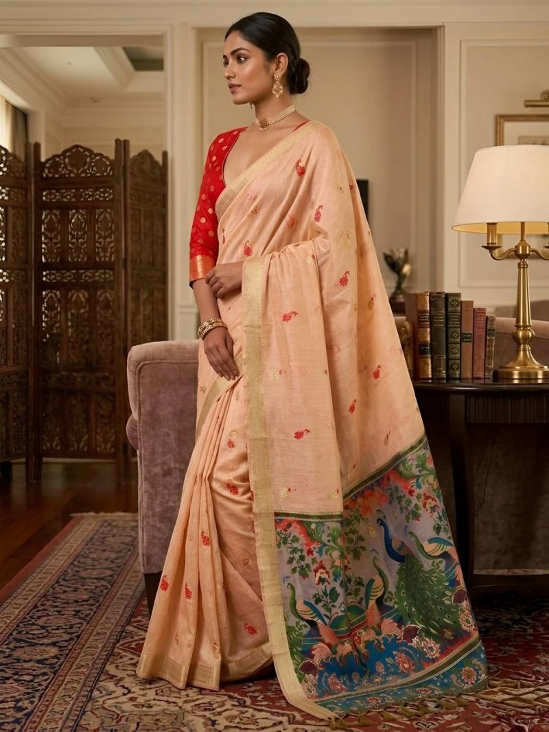 Mv Vis 2 Cream Cotton Jacquard Worked Saree Collection