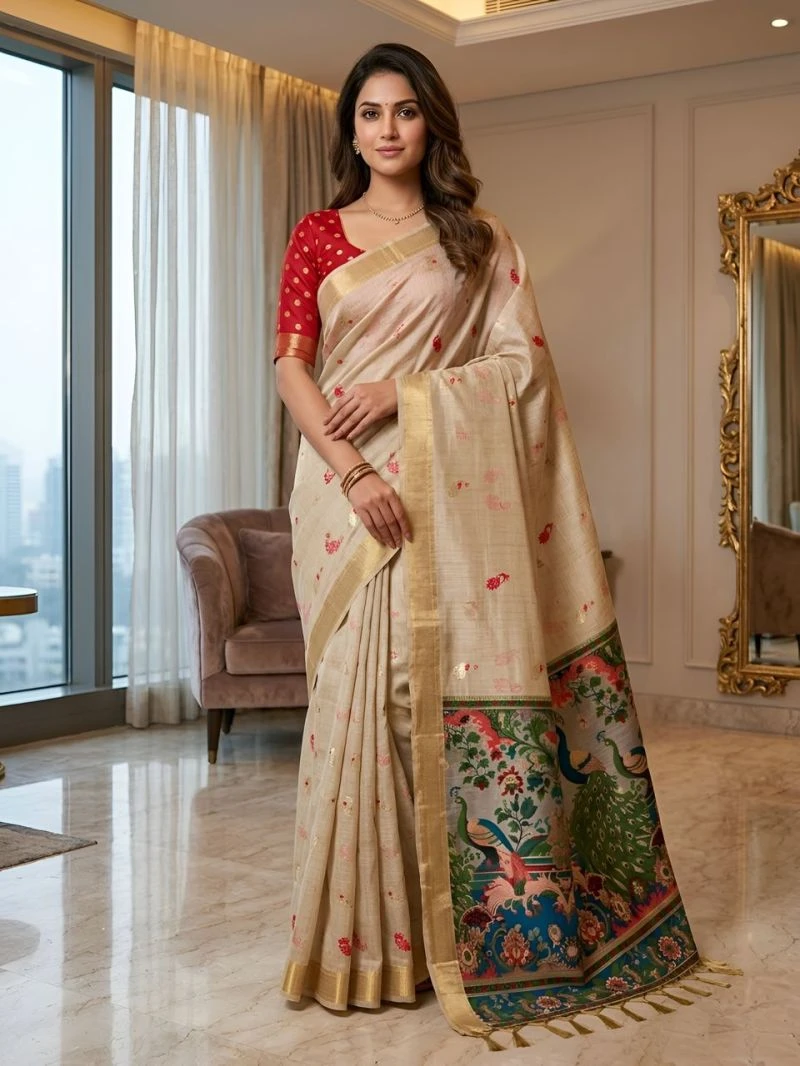 Mv Vis 2 Cream Cotton Jacquard Worked Saree Collection