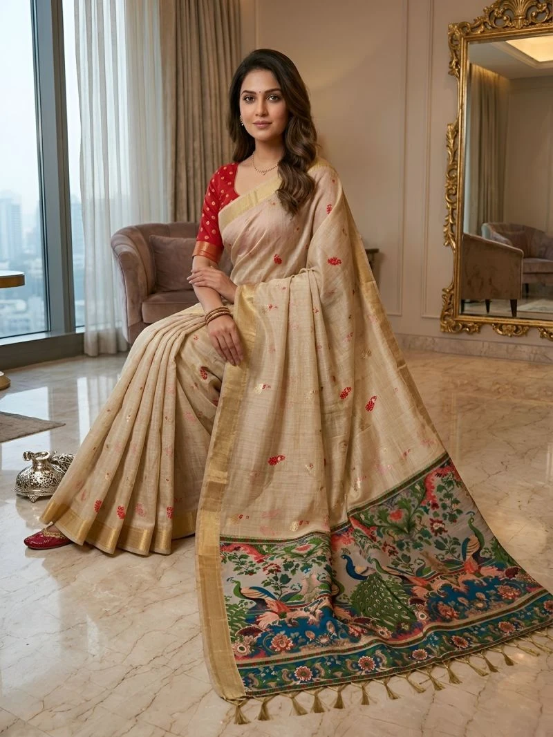 Mv Vis 2 Cream Cotton Jacquard Worked Saree Collection