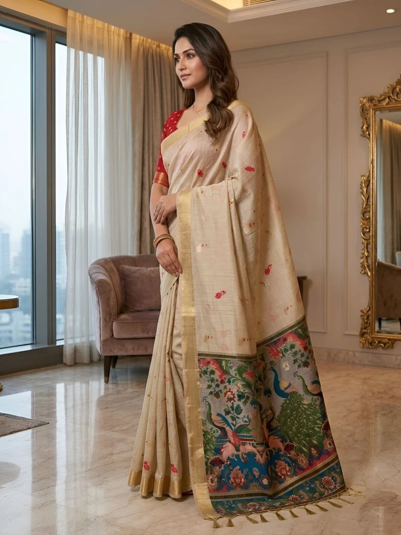 Mv Vis 2 Cream Cotton Jacquard Worked Saree Collection