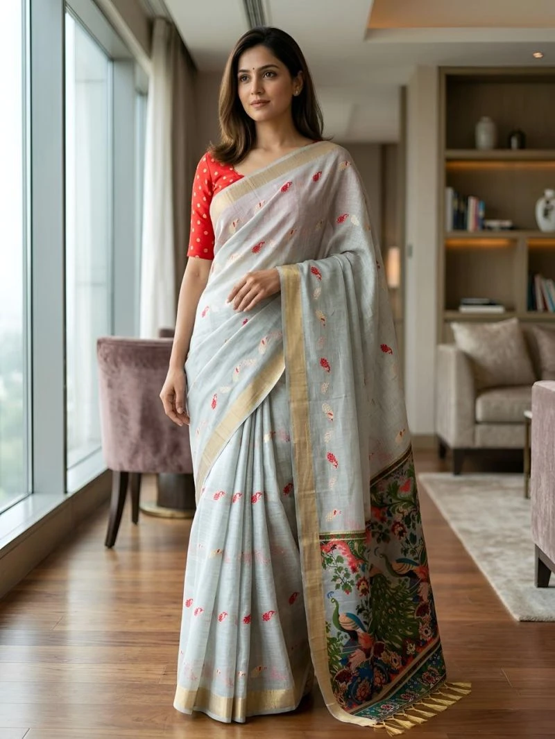 Mv Vis 2 Cream Cotton Jacquard Worked Saree Collection