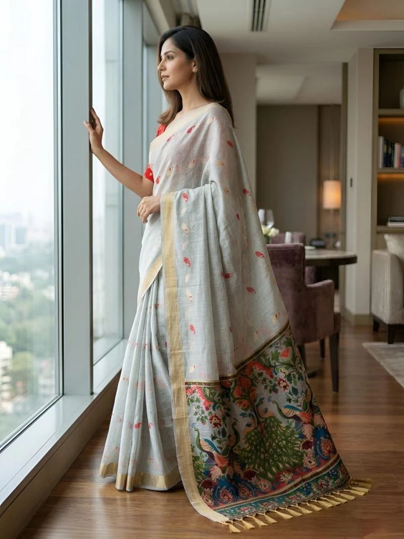 Mv Vis 2 Cream Cotton Jacquard Worked Saree Collection