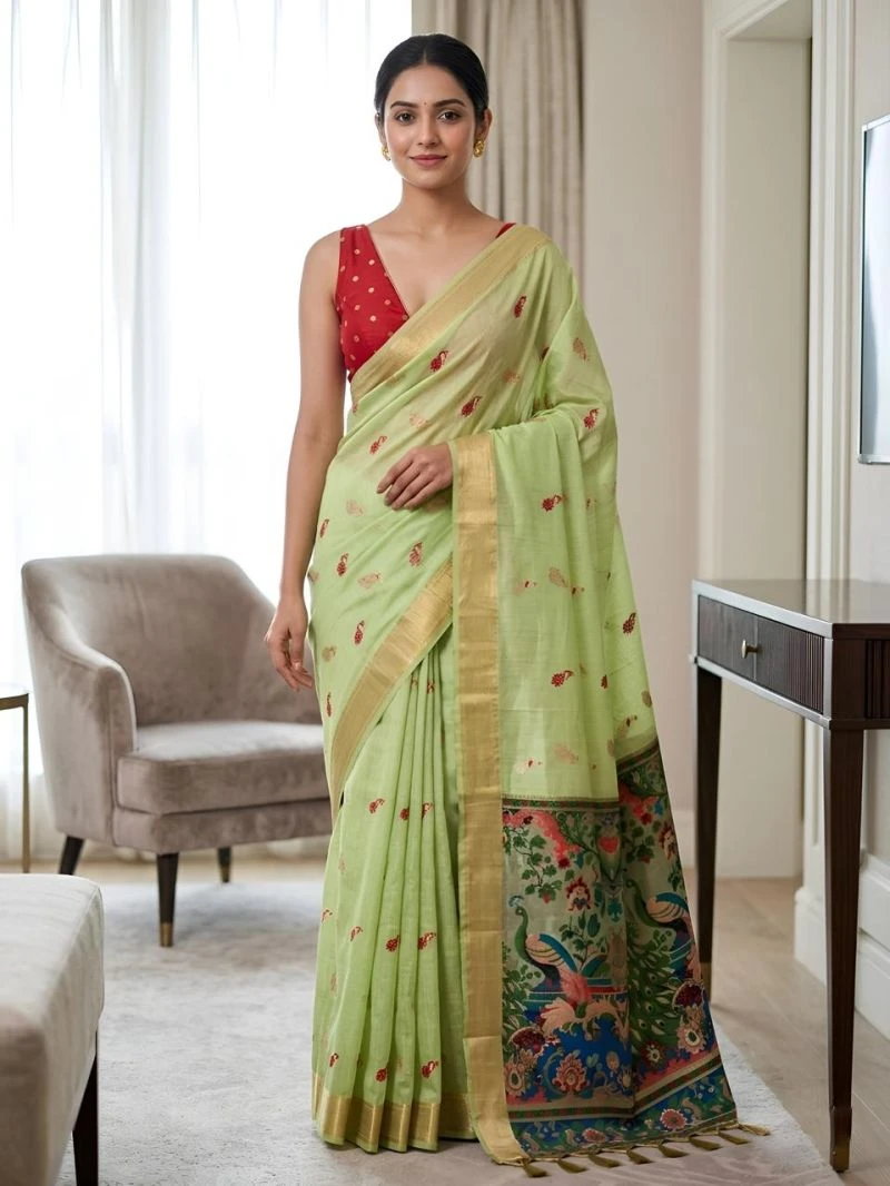 Mv Vis 2 Cream Cotton Jacquard Worked Saree Collection