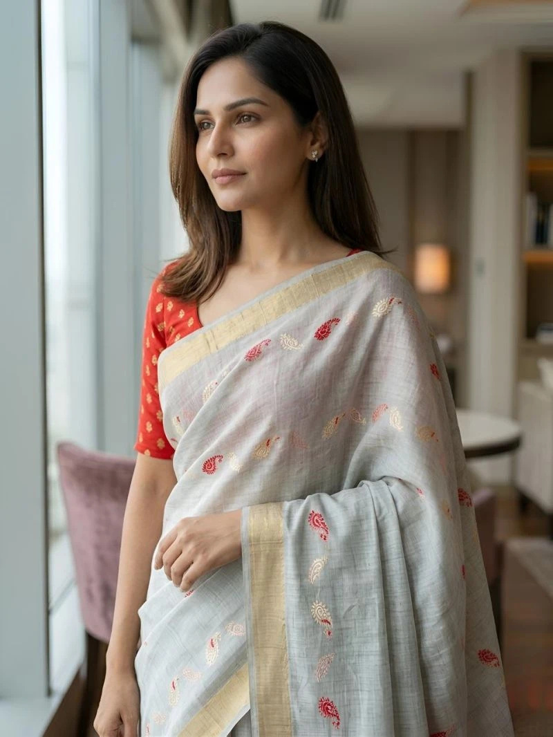 Mv Vis 2 Cream Cotton Jacquard Worked Saree Collection