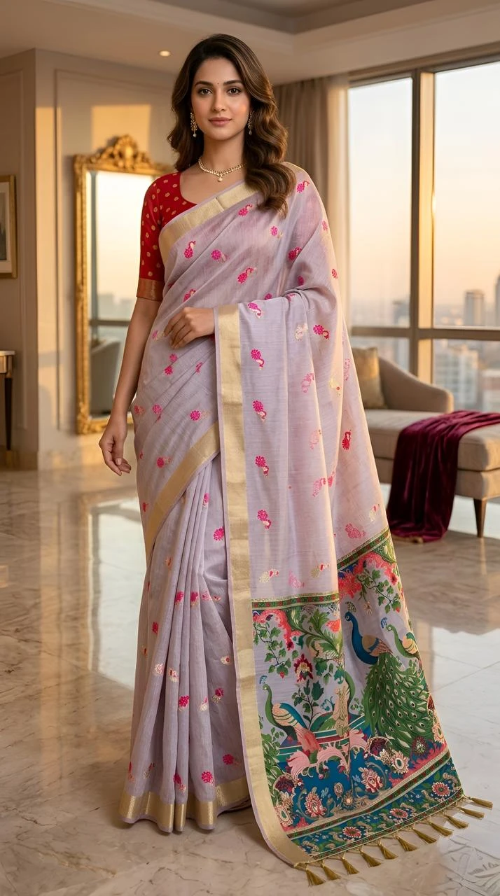 Mv Vis 2 Cream Cotton Jacquard Worked Saree Collection
