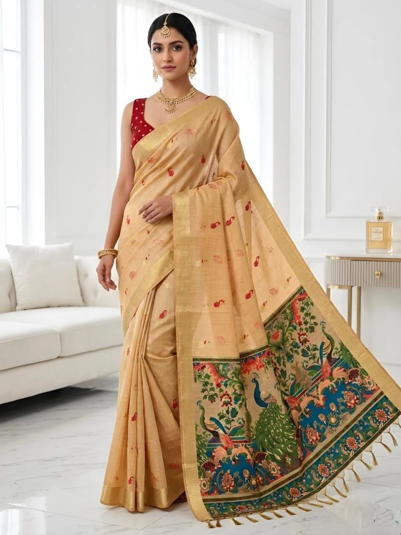 Mv Vis 2 Cream Cotton Jacquard Worked Saree Collection