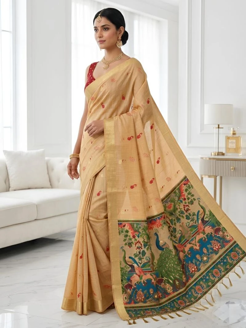 Mv Vis 2 Cream Cotton Jacquard Worked Saree Collection