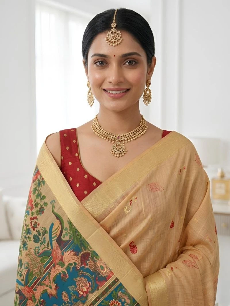 Mv Vis 2 Cream Cotton Jacquard Worked Saree Collection