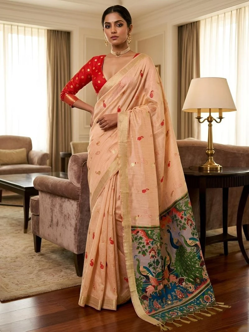 Mv Vis 2 Cream Cotton Jacquard Worked Saree Collection