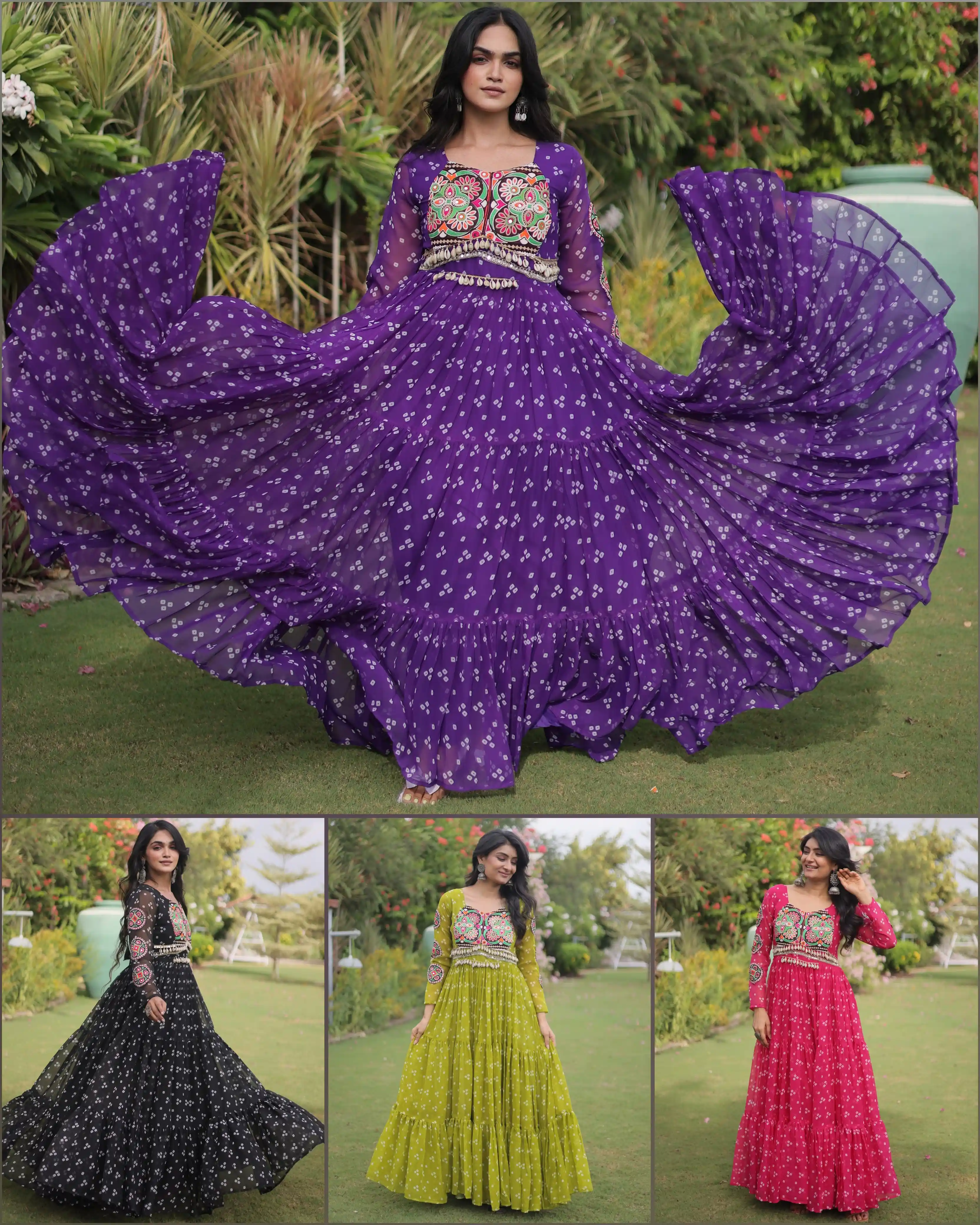 Navratri Bandhani Print Kutchi Patchwork Faux Georgette Gown 2026