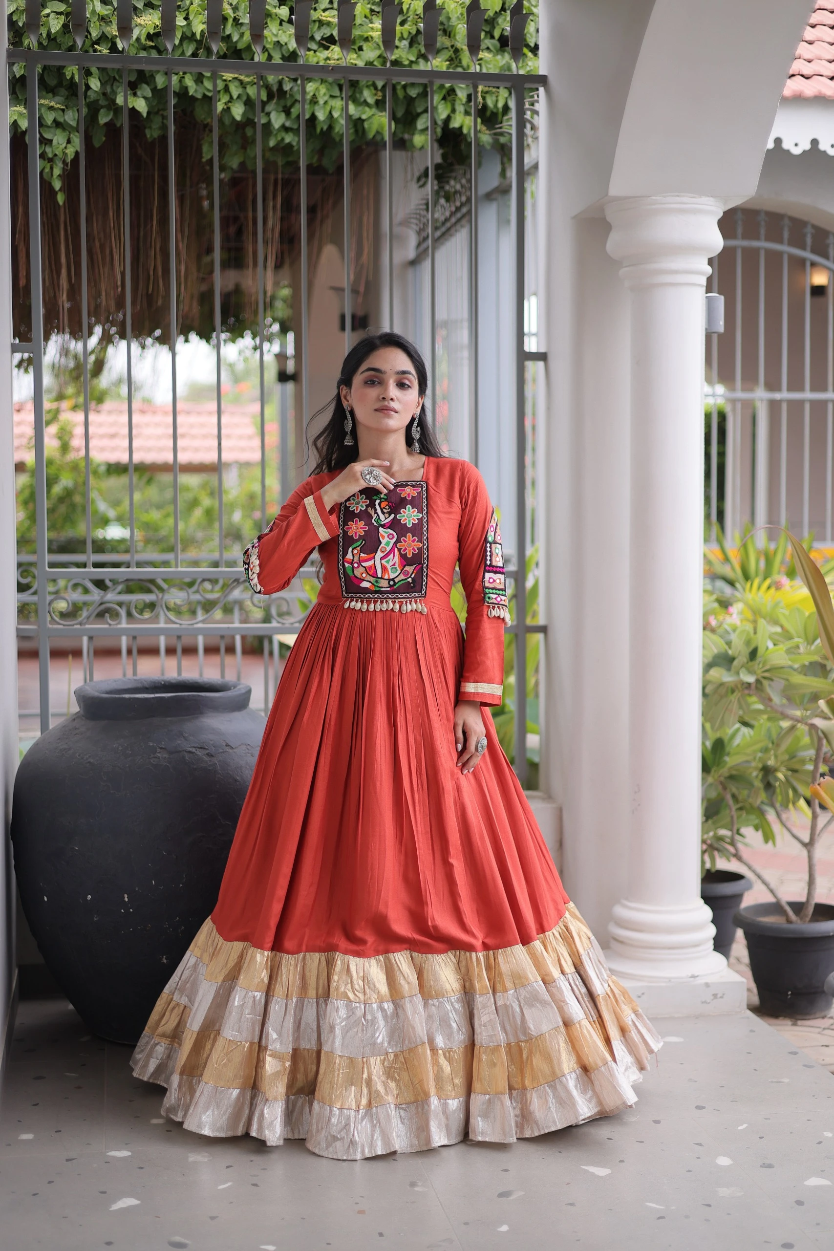 Navratri Reyon Kutchi Gamthi Thread Work Gown 2026