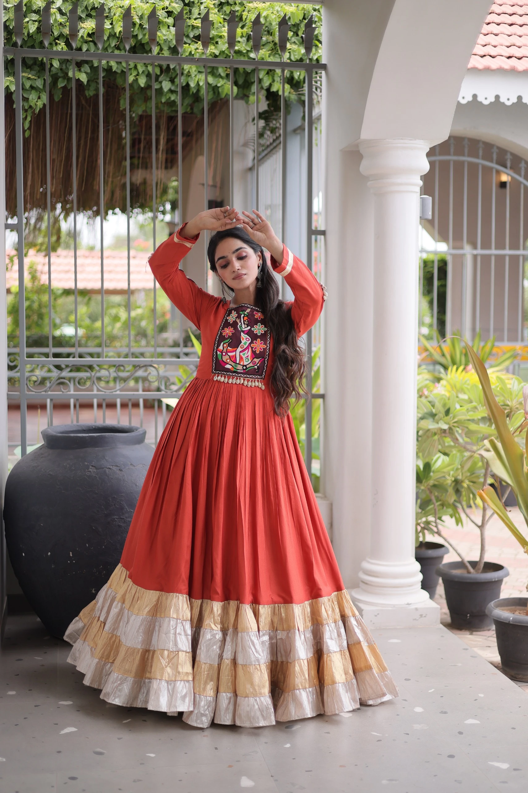 Navratri Reyon Kutchi Gamthi Thread Work Gown 2026