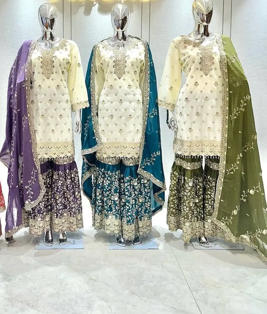 Pakistani Pure Chinon Silk Embroidered Sequence Top Sharara with Dupatta Set