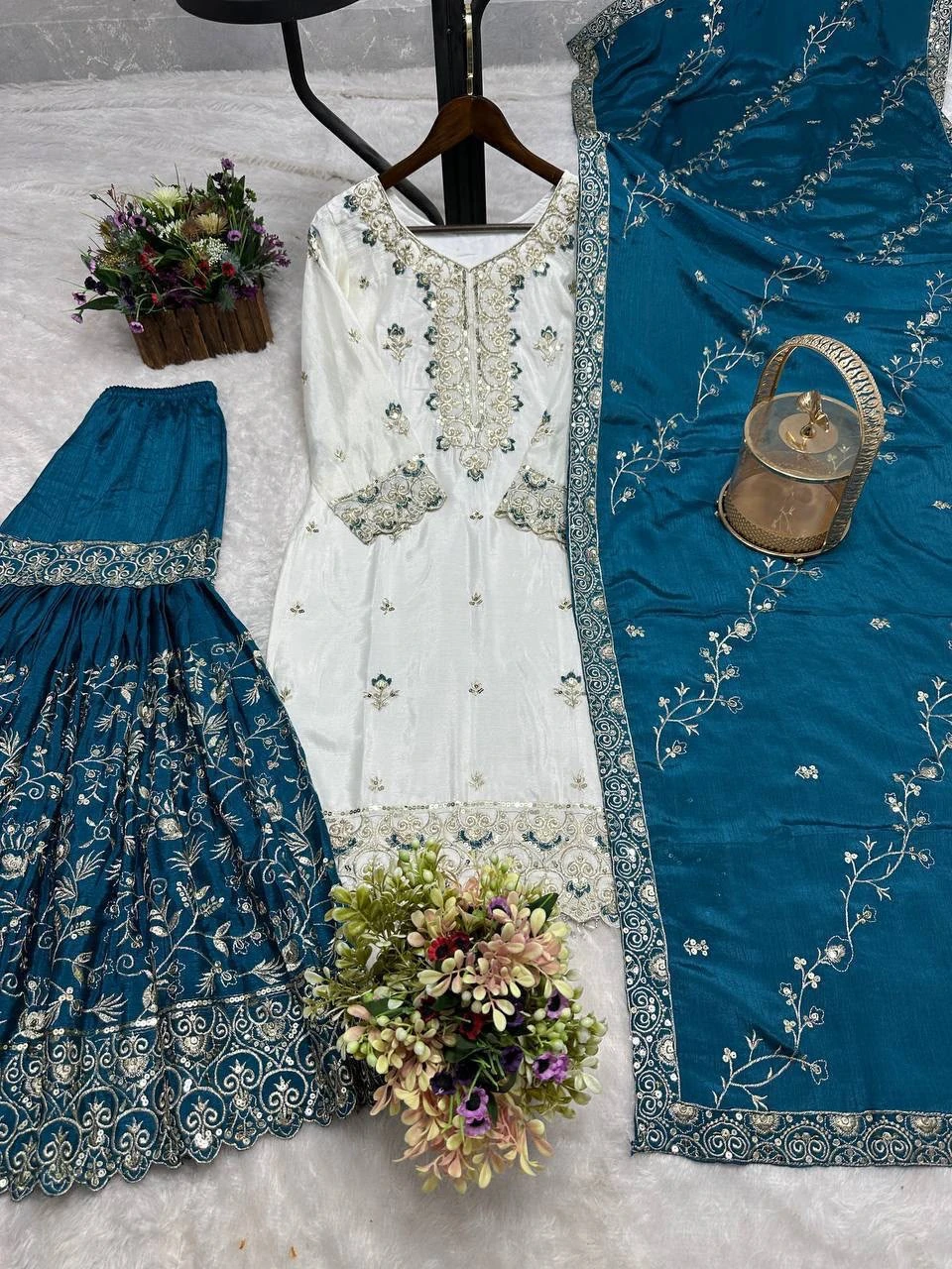Pakistani Pure Chinon Silk Embroidered Sequence Top Sharara with Dupatta Set
