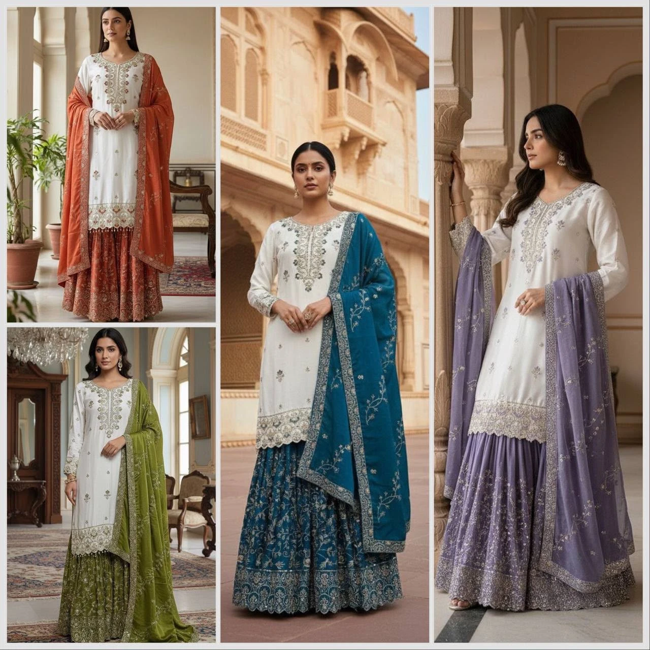 Pakistani Pure Chinon Silk Embroidered Sequence Top Sharara with Dupatta Set