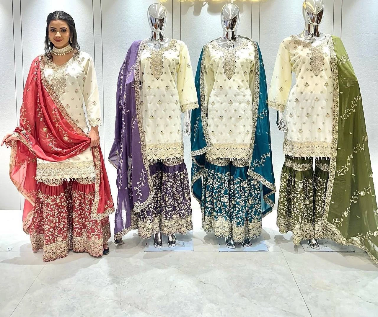 Pakistani Pure Chinon Silk Embroidered Sequence Top Sharara with Dupatta Set