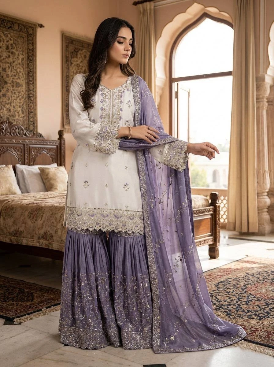Pakistani Pure Chinon Silk Embroidered Sequence Top Sharara with Dupatta Set