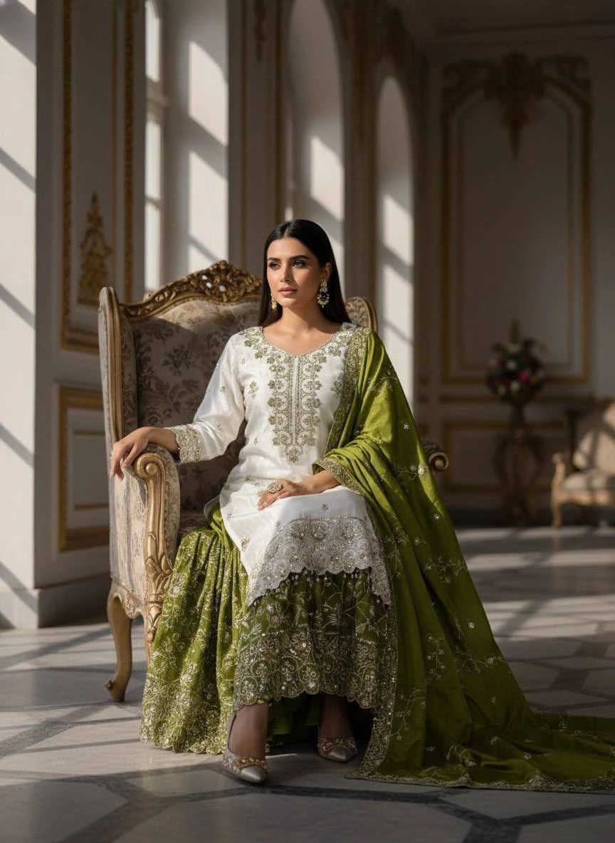 Pakistani Pure Chinon Silk Embroidered Sequence Top Sharara with Dupatta Set