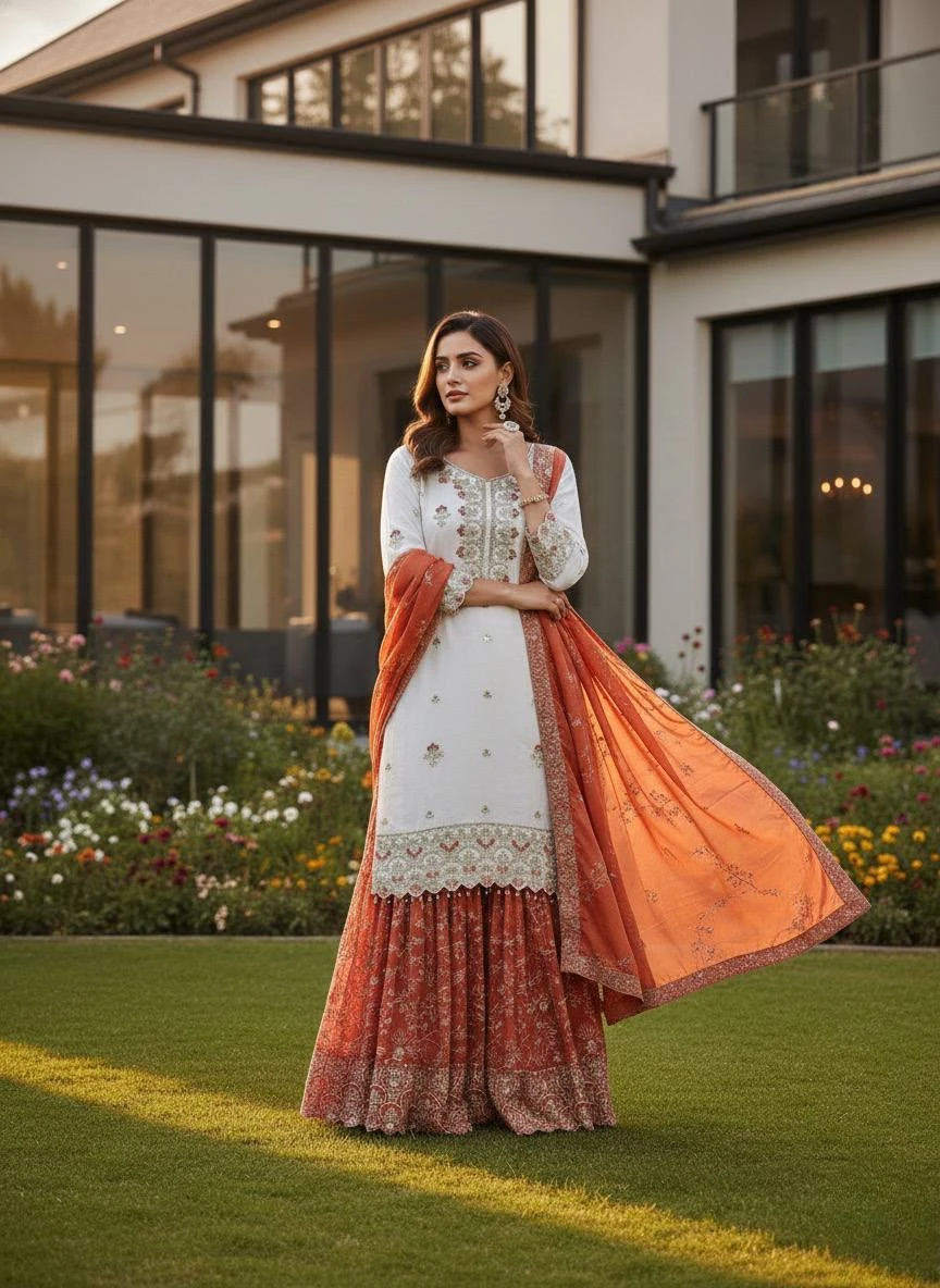 Pakistani Pure Chinon Silk Embroidered Sequence Top Sharara with Dupatta Set