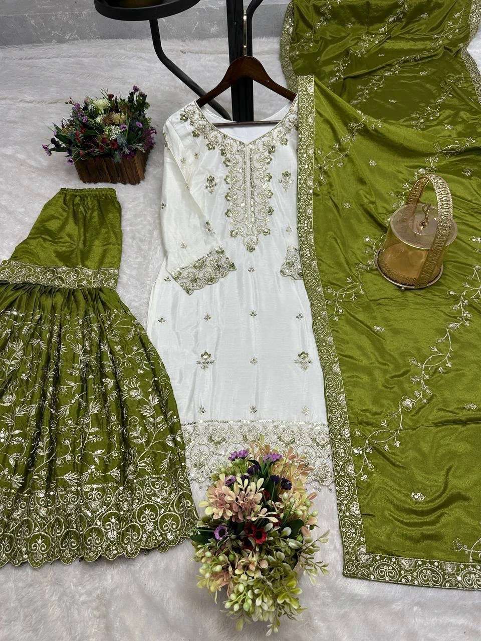 Pakistani Pure Chinon Silk Embroidered Sequence Top Sharara with Dupatta Set