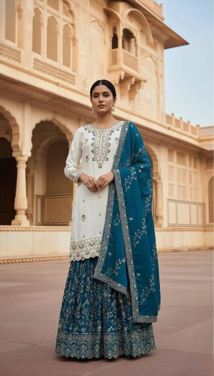 Pakistani Pure Chinon Silk Embroidered Sequence Top Sharara with Dupatta Set