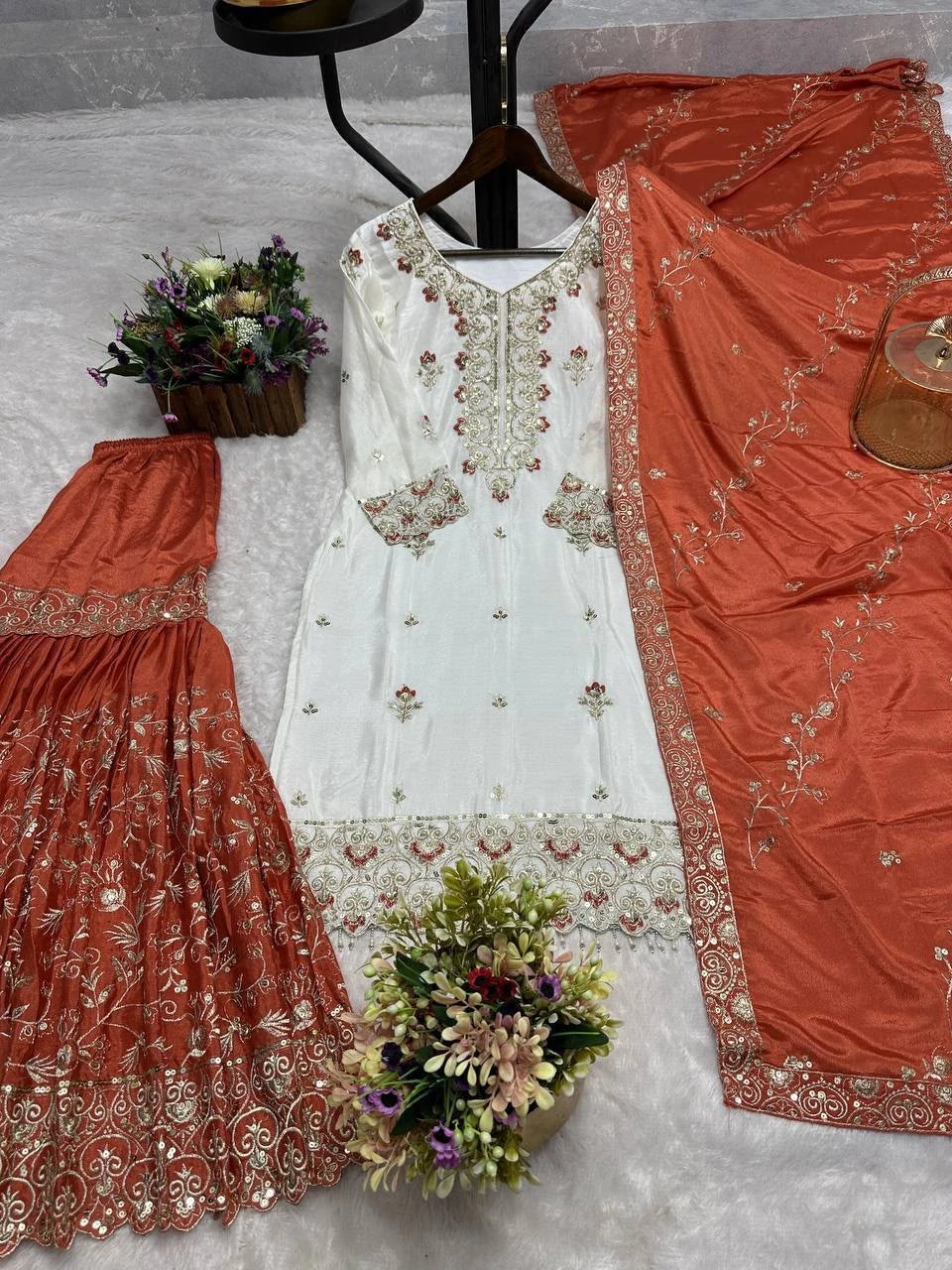 Pakistani Pure Chinon Silk Embroidered Sequence Top Sharara with Dupatta Set