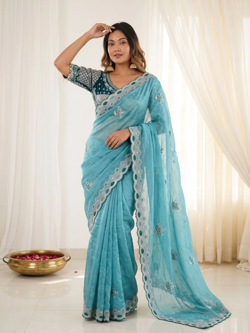 Pure Fandy Satin C-Pallu Embroidery Designer Saree
