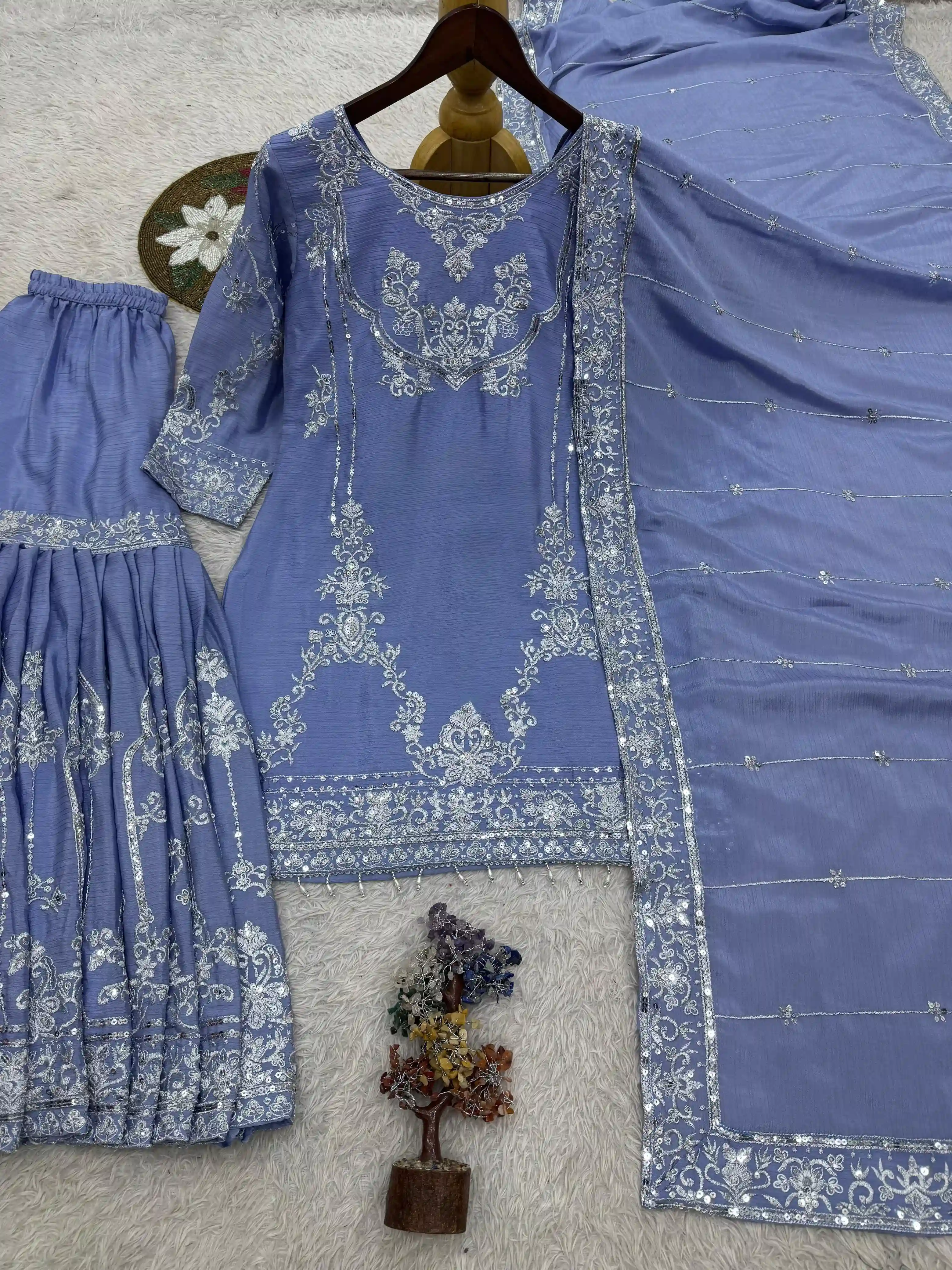 Pure German Chinon Kurti Sharara & Dupatta Set