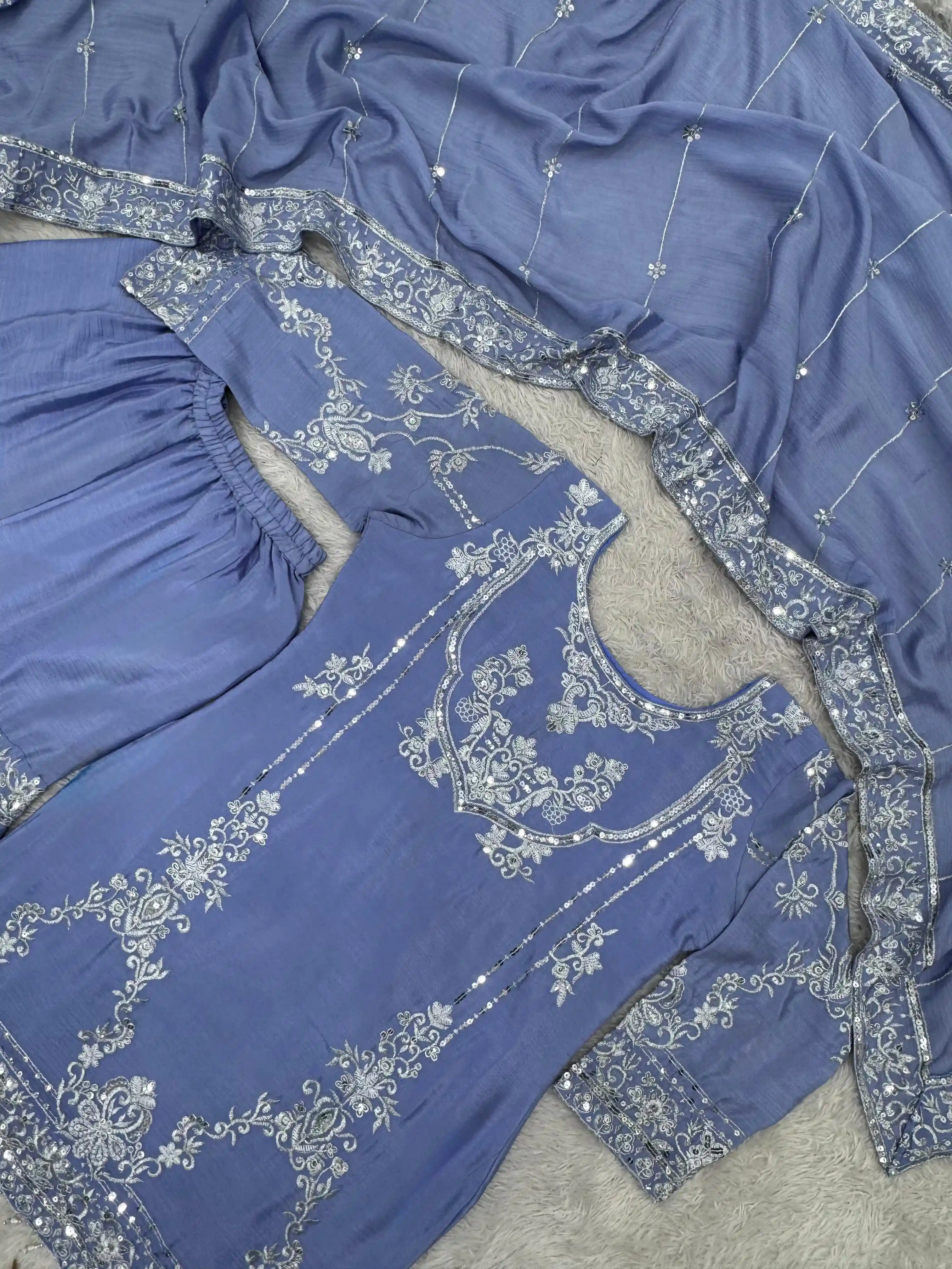 Pure German Chinon Kurti Sharara & Dupatta Set