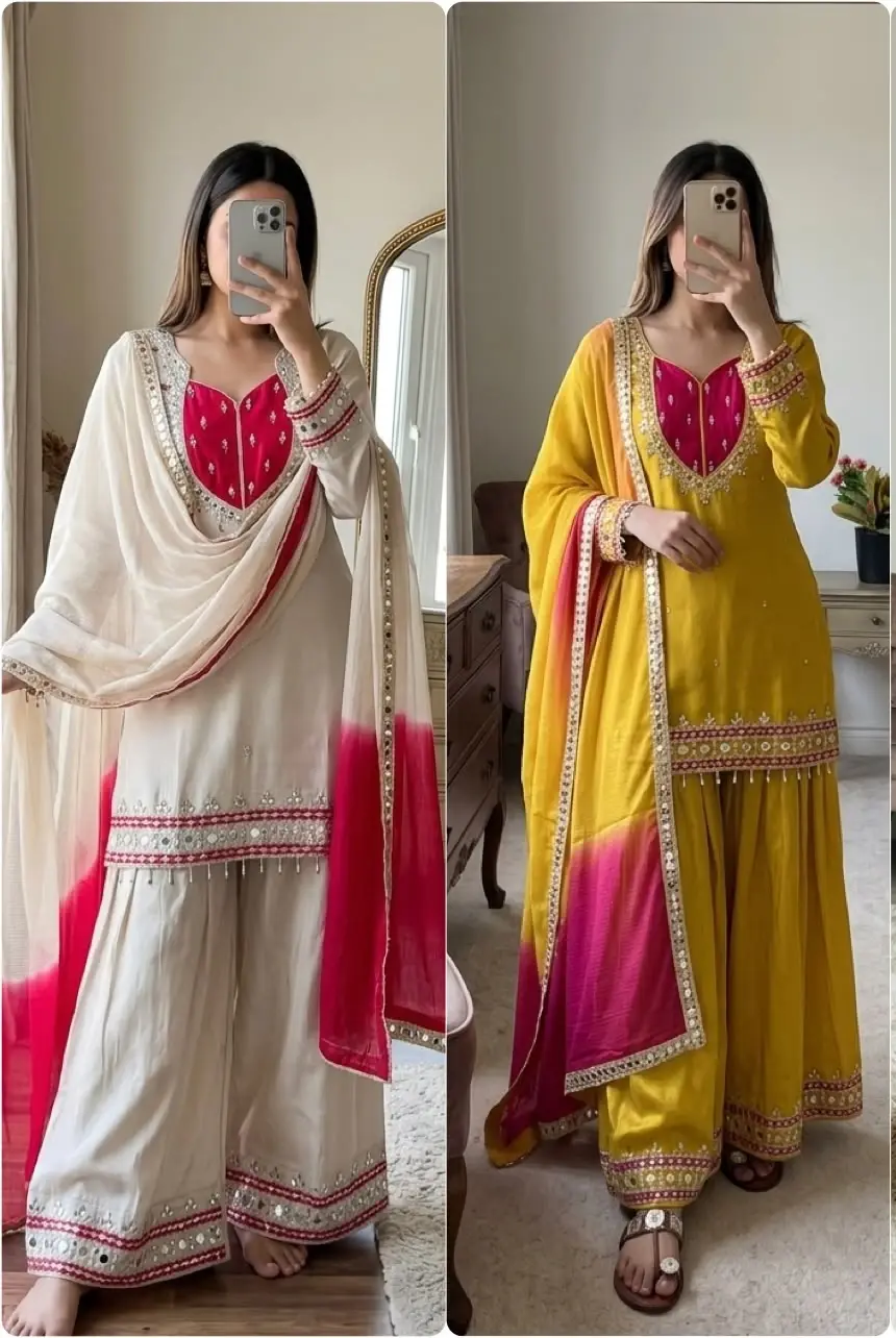 Roman Glass Real Mirror Work Top Palazzo with Dupatta Set