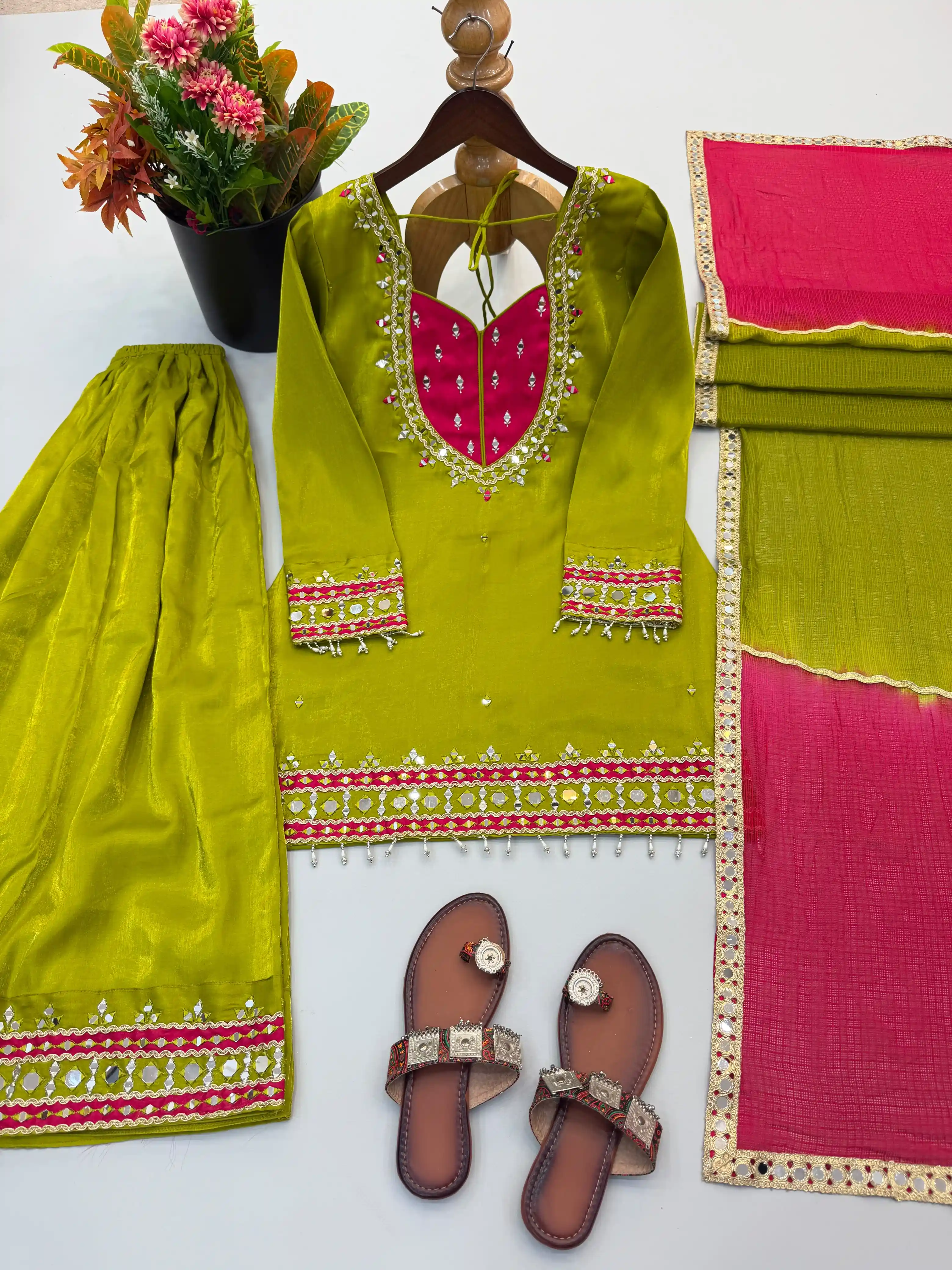 Roman Glass Real Mirror Work Top Palazzo with Dupatta Set