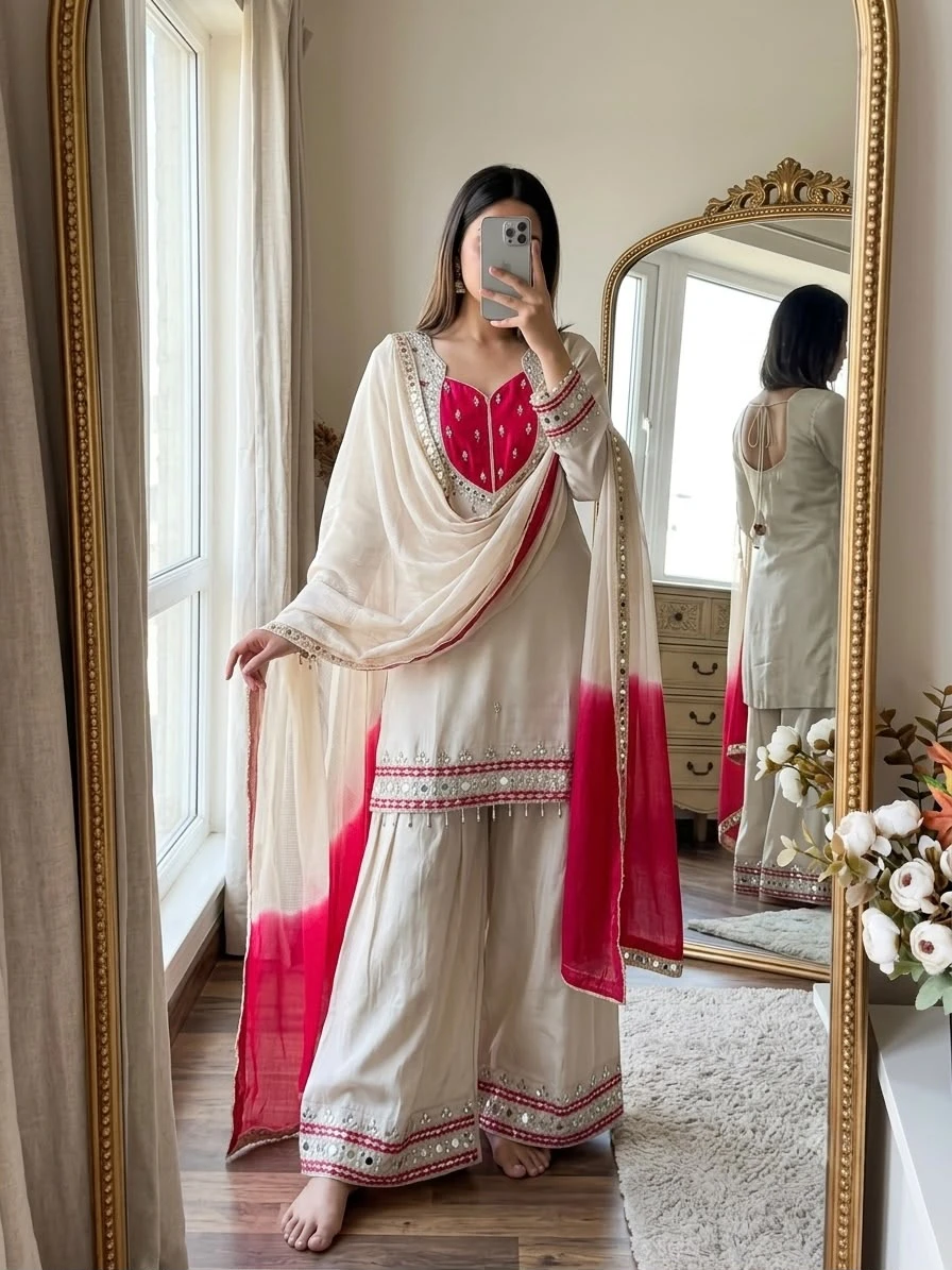 Roman Glass Real Mirror Work Top Palazzo with Dupatta Set