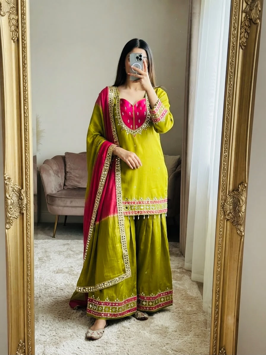 Roman Glass Real Mirror Work Top Palazzo with Dupatta Set