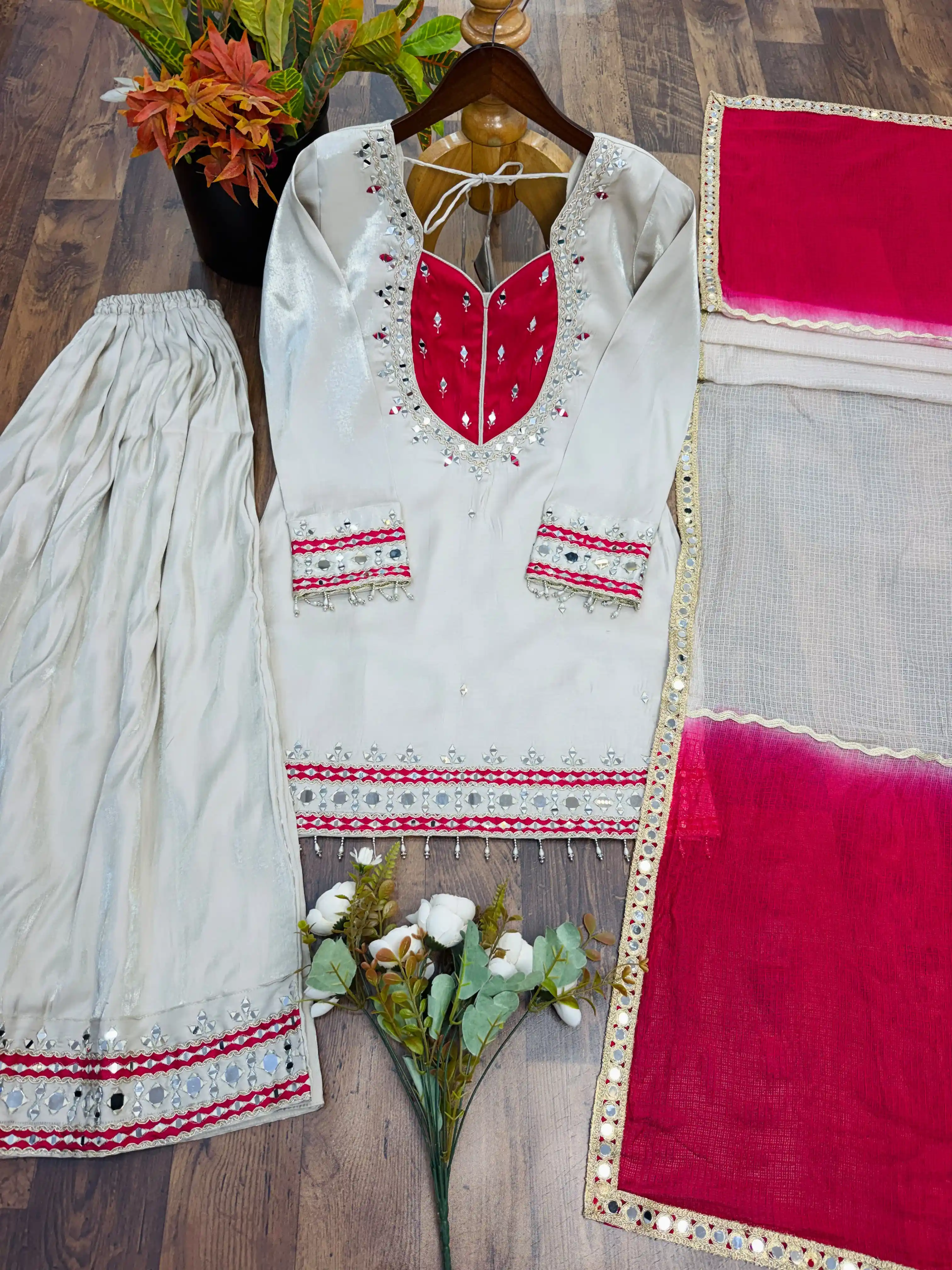 Roman Glass Real Mirror Work Top Palazzo with Dupatta Set