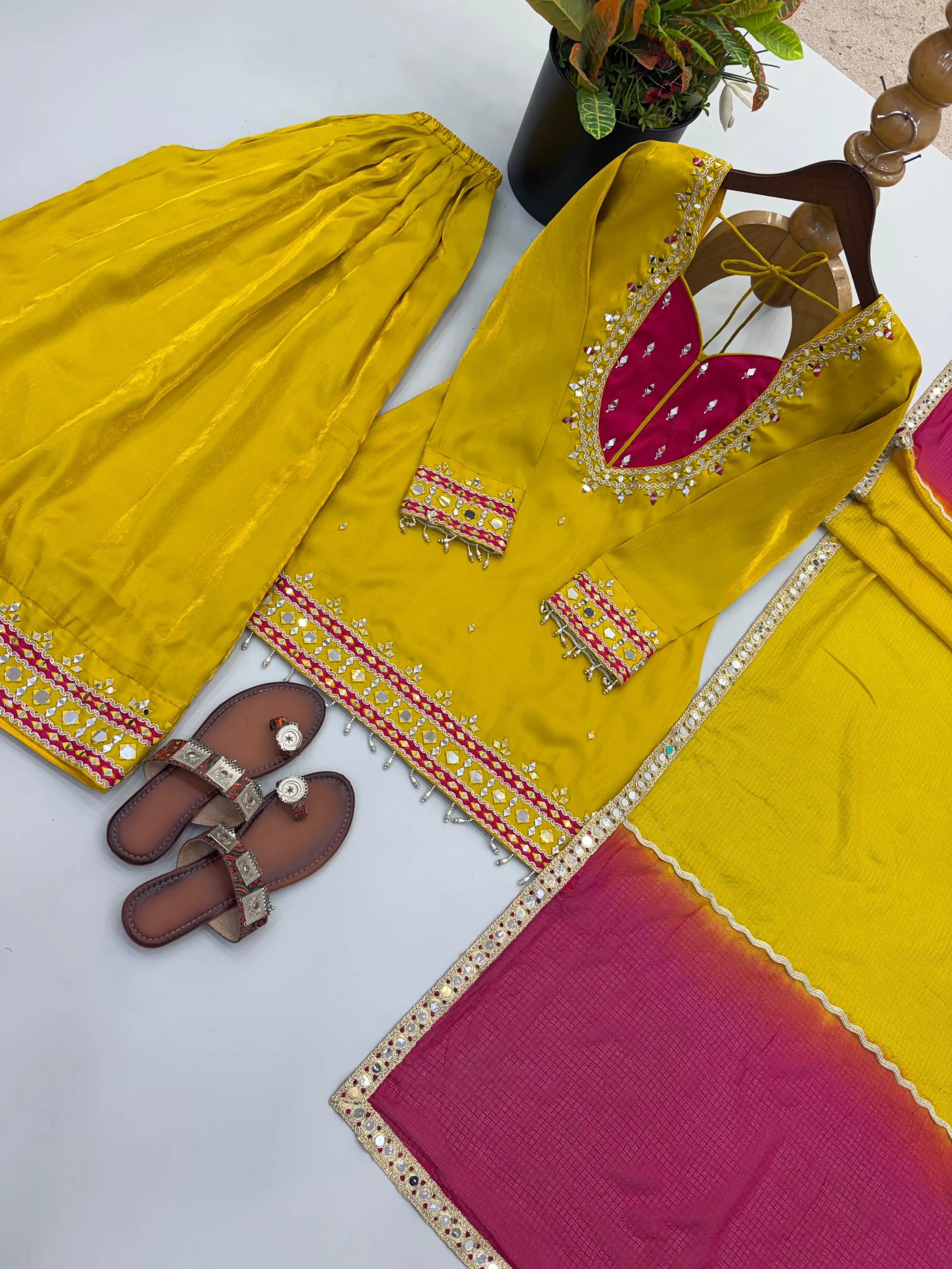 Roman Glass Real Mirror Work Top Palazzo with Dupatta Set