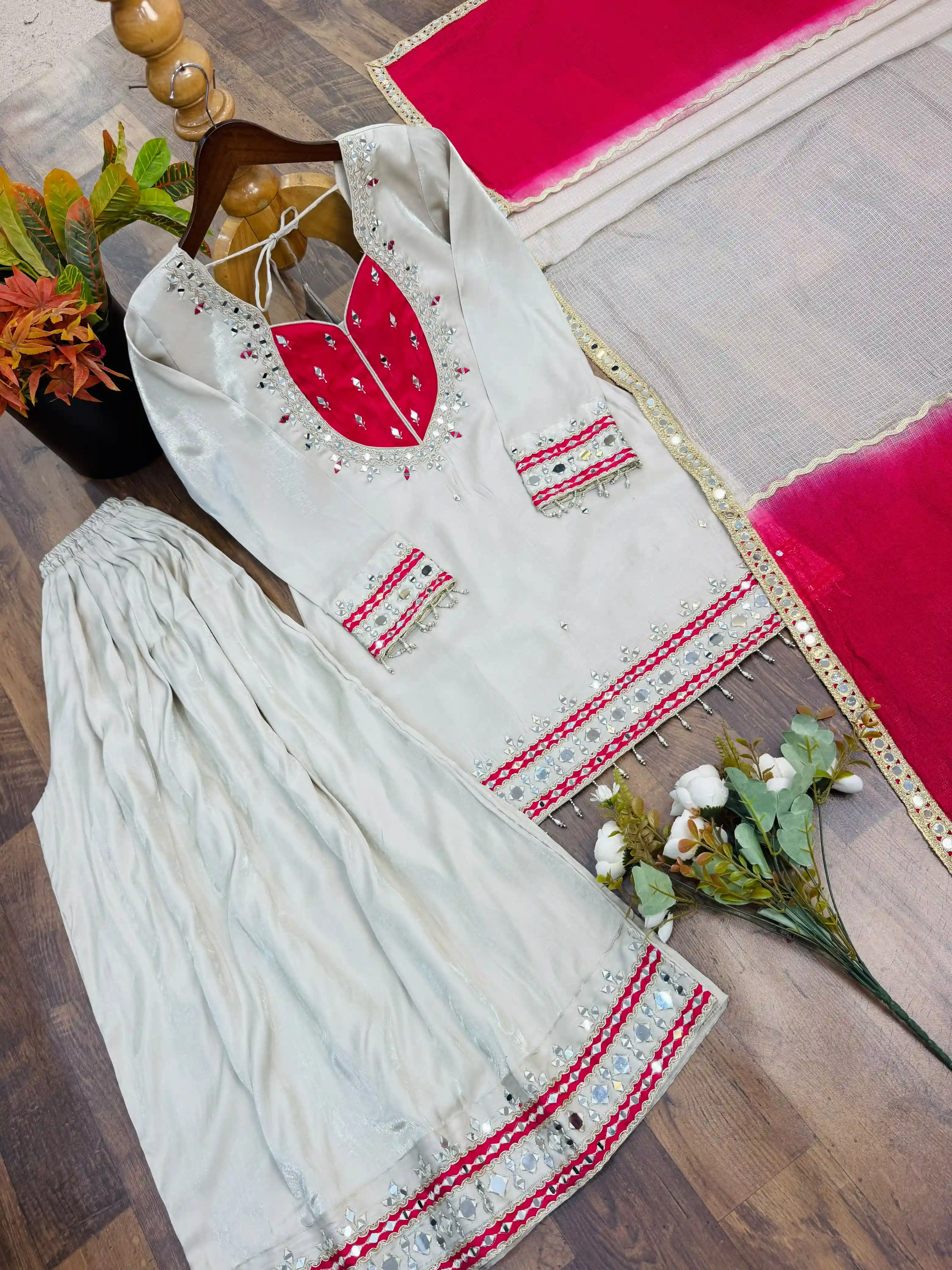 Roman Glass Real Mirror Work Top Palazzo with Dupatta Set