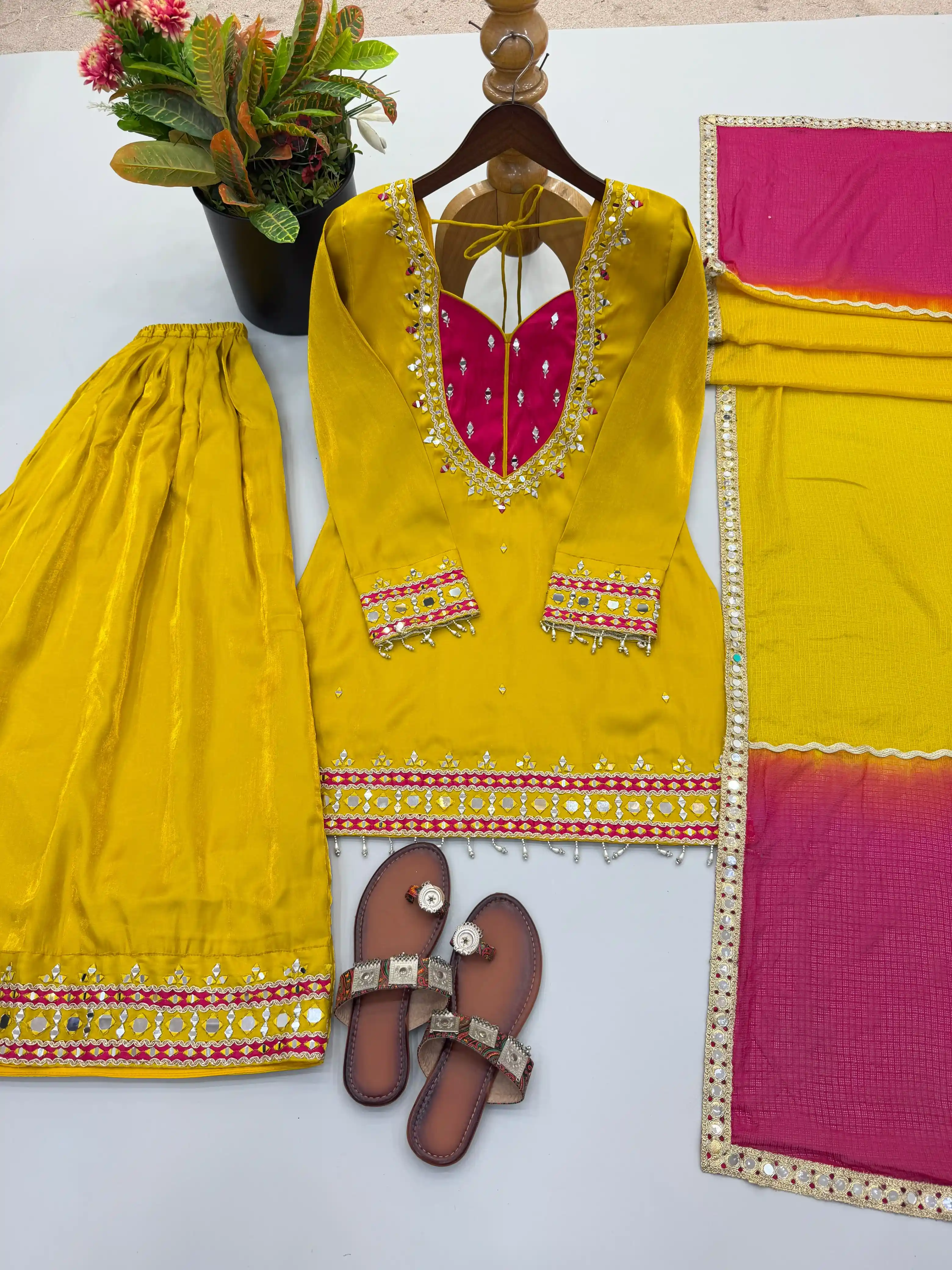Roman Glass Real Mirror Work Top Palazzo with Dupatta Set