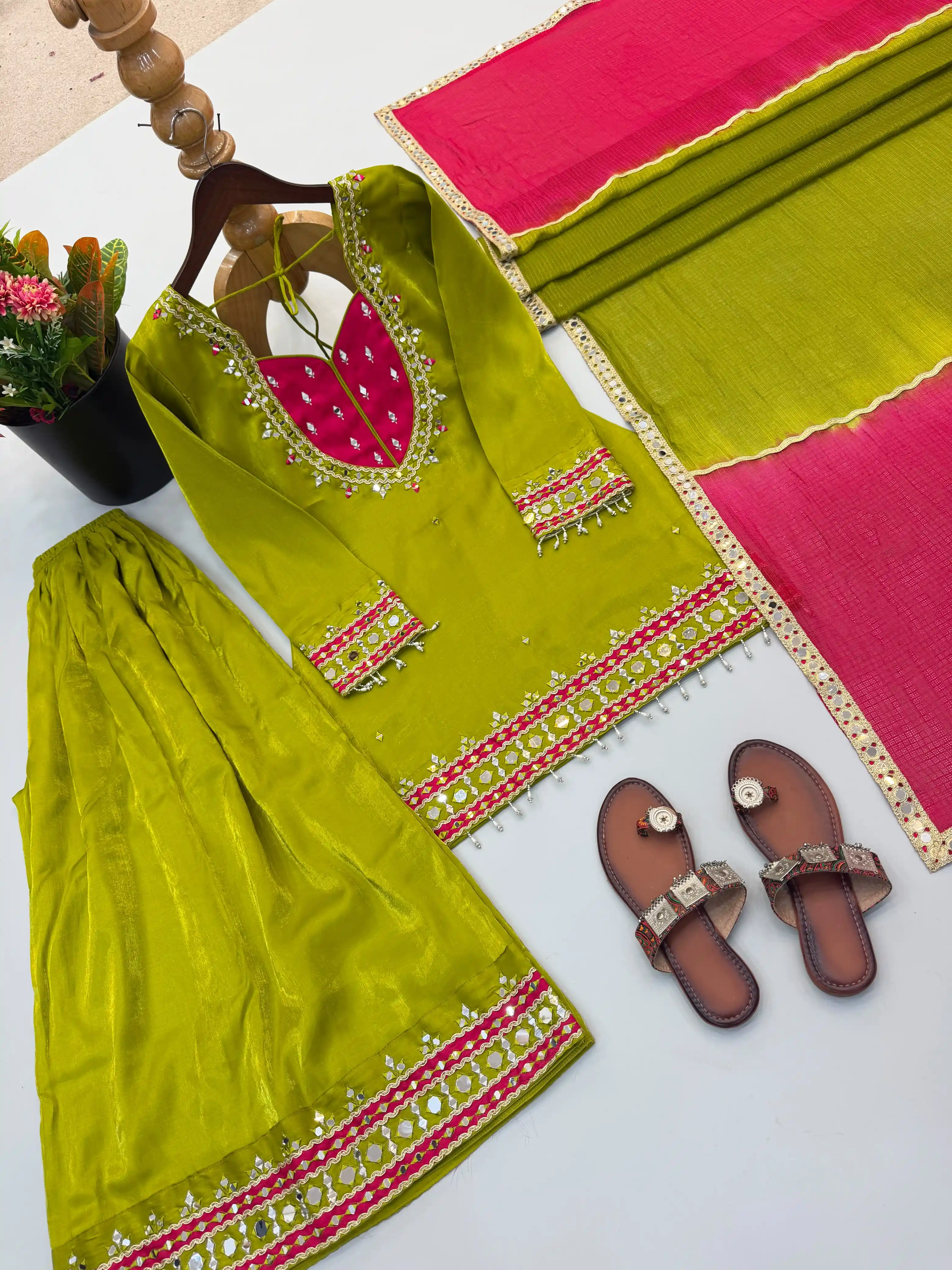 Roman Glass Real Mirror Work Top Palazzo with Dupatta Set
